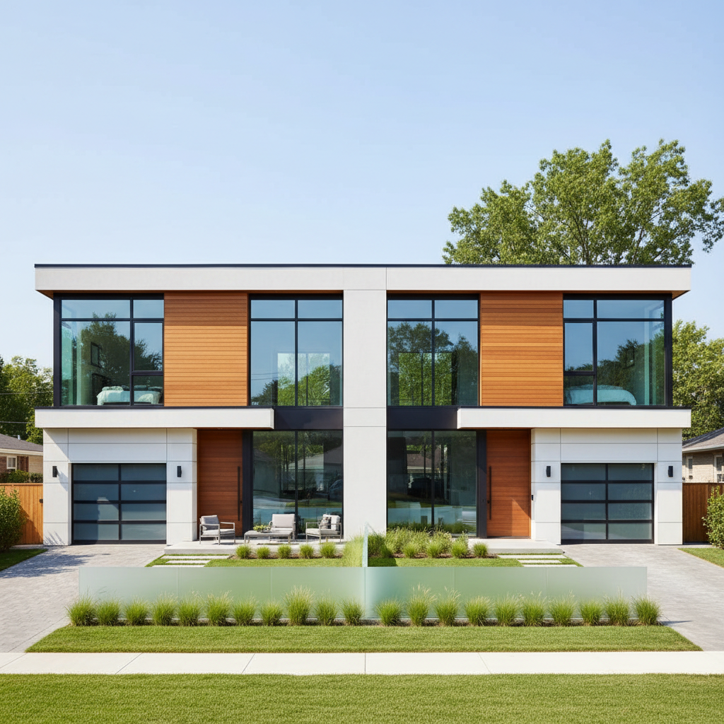 Modern detached house with large garden, bright British afternoon light, green lawn, clean architecture