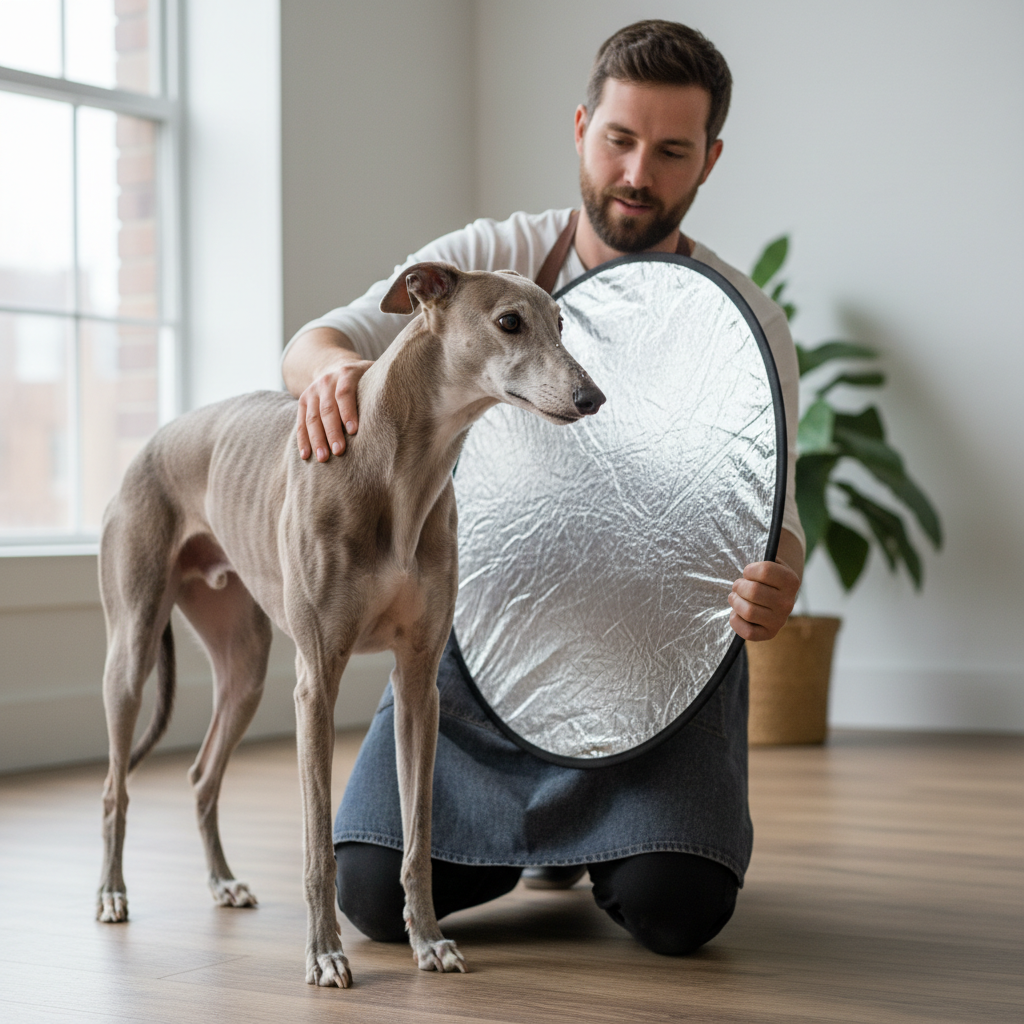 Photographer setting up natural light with reflector while dog investigates