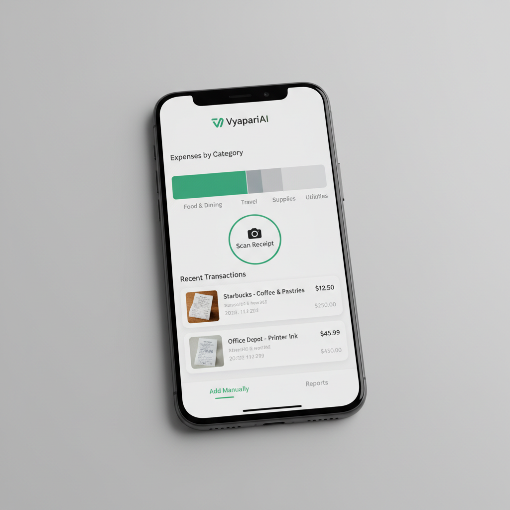 Interface mobile montrant le suivi budgétaire avec catégorisation automatique des dépenses et graphiques de dépenses