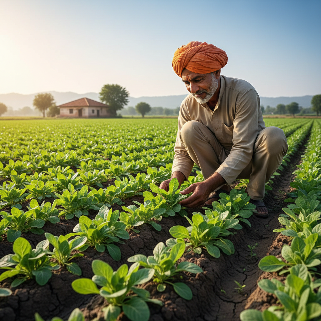 Young healthy crop seedlings in agricultural field, vibrant green leaves, bright natural daylight