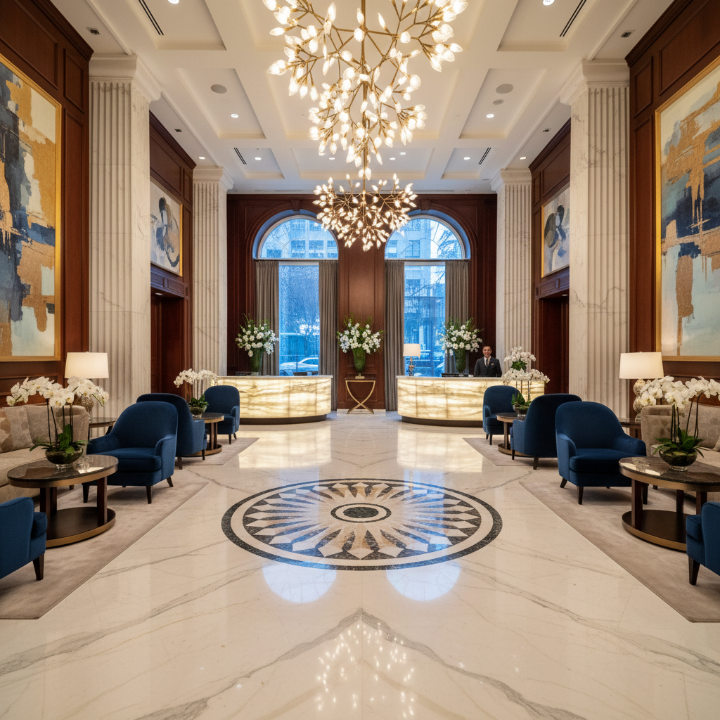Elegant boutique hotel lobby with marble floors and warm lighting in Miami