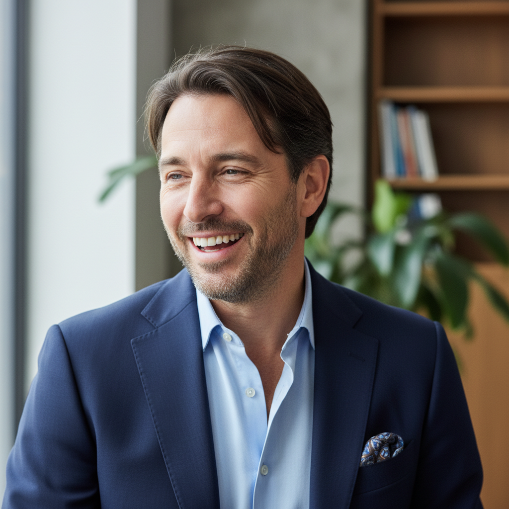 Male executive in open collar shirt, half-laugh mid-exhale