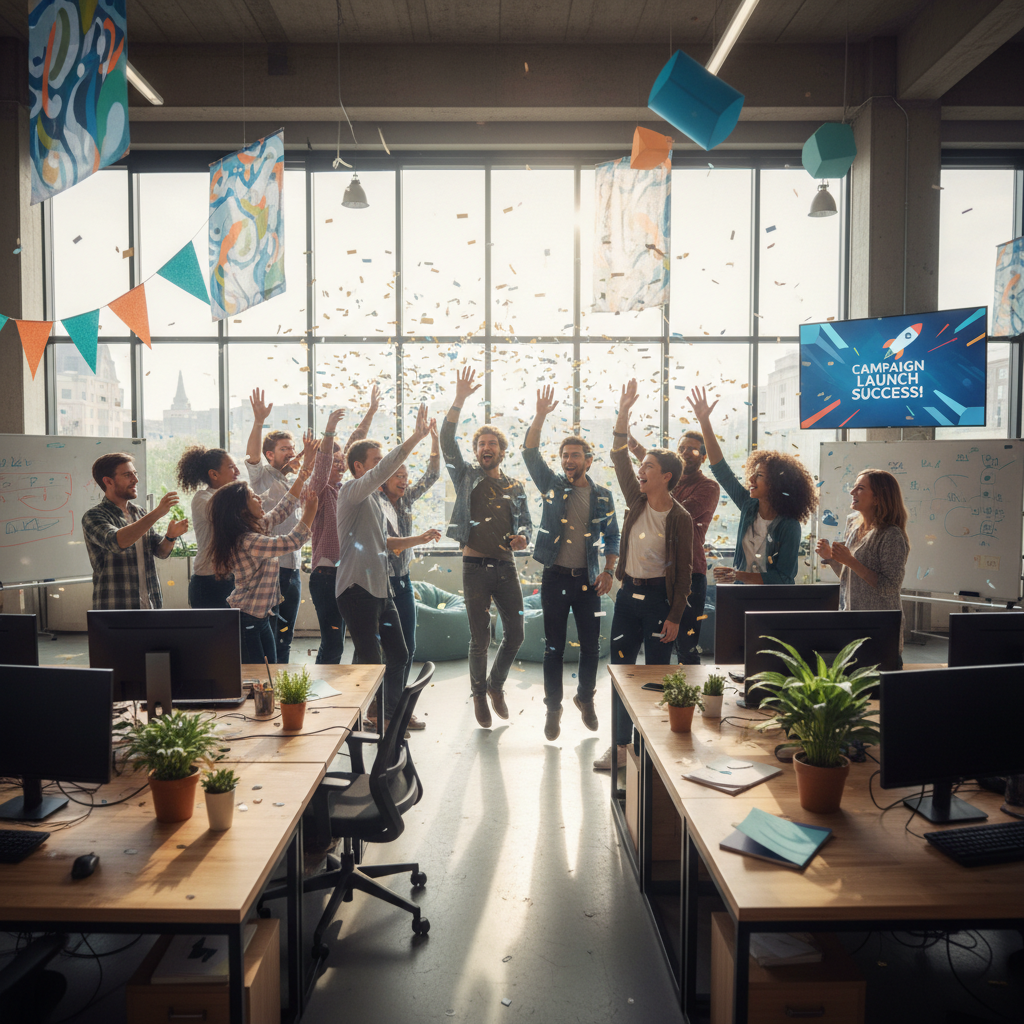 Successful business launch celebration, team high five in bright modern office, energetic positive atmosphere