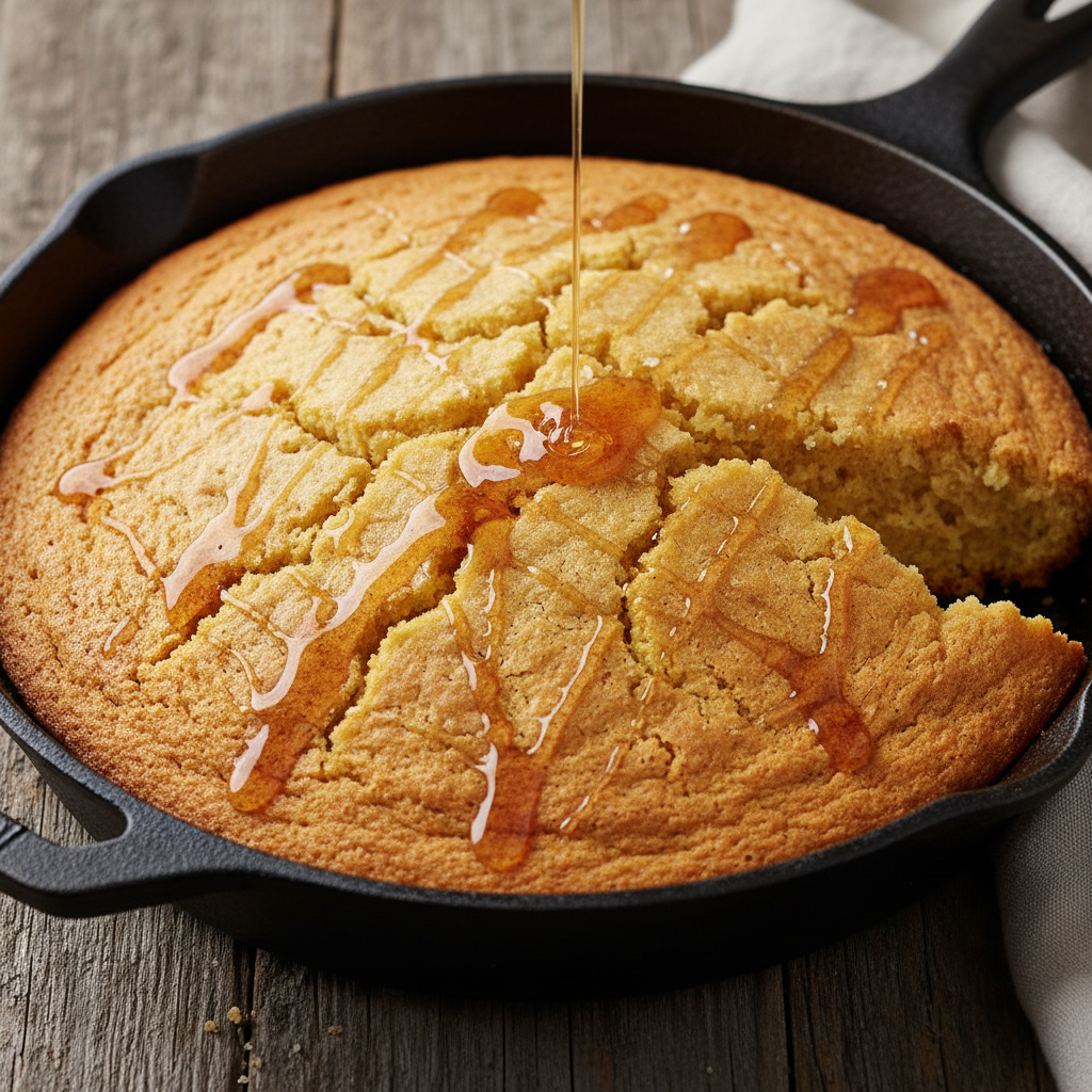 Golden cast-iron cornbread fresh from the oven with smoked honey drizzled over a broken crust