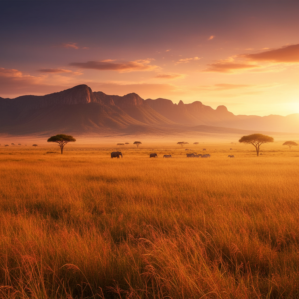 African safari landscape with elephants and acacia trees at sunset