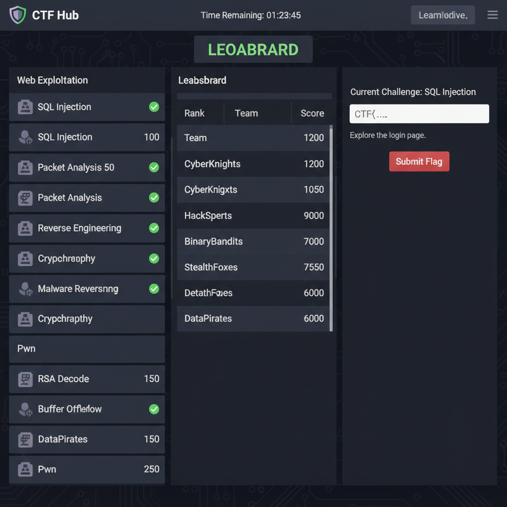 Cybersecurity CTF platform interface showing challenge categories, leaderboard, and flag submission form on dark theme