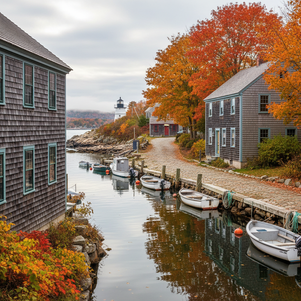 Coastal New England town with weathered shingles and autumn foliage reflecting on harbor water