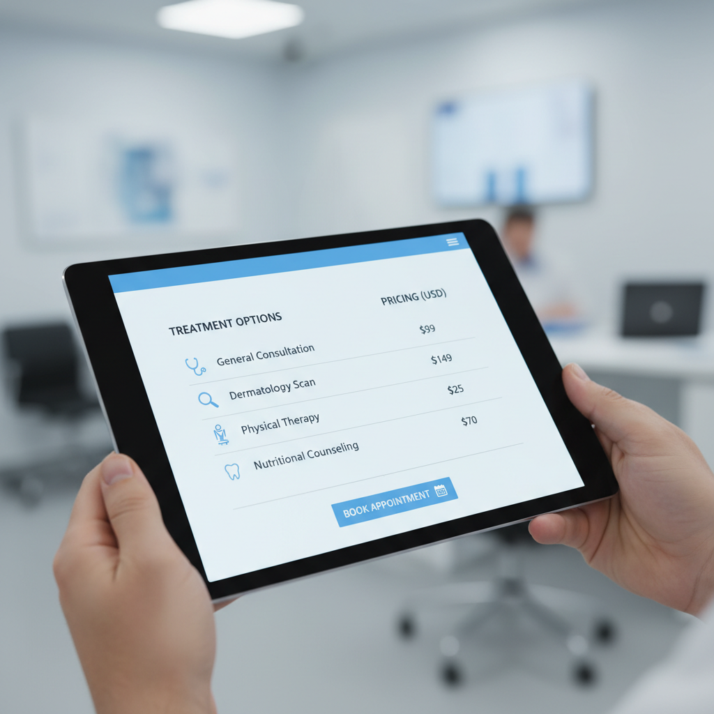 Healthcare service page on a laptop screen showing well-structured copy with clear headings and call-to-action buttons