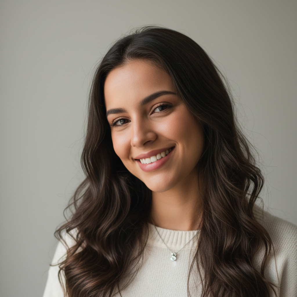 Mulher brasileira sorridente com cabelo claro, foto de perfil elegante