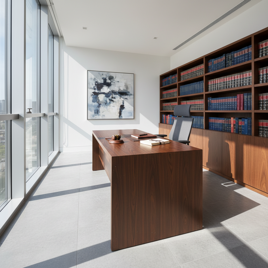 Legal documents and gavel on dark wooden desk, professional law office environment, deep shadows, atmospheric warm lighting