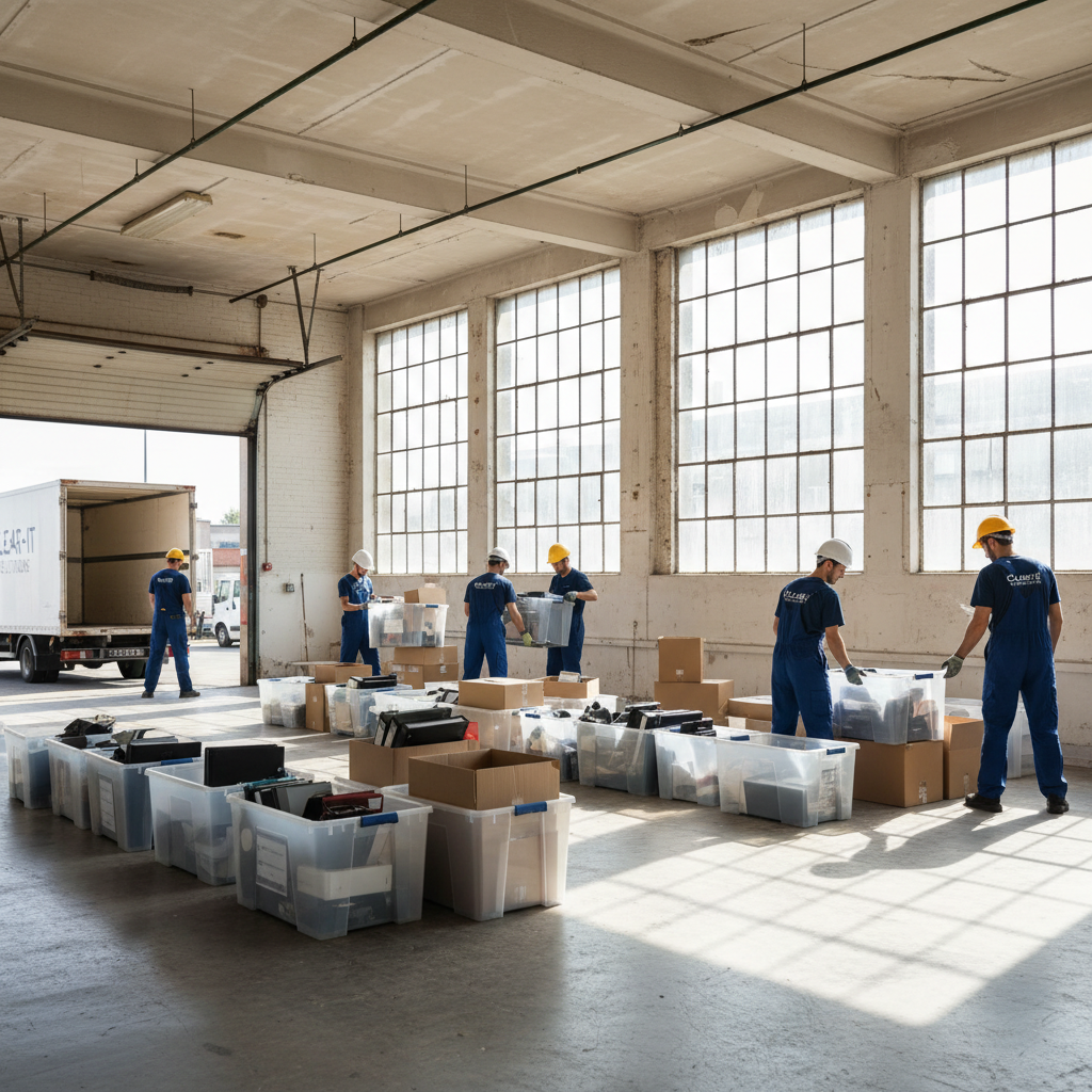 Professional cleaning team preparing equipment in a bright, organized workspace