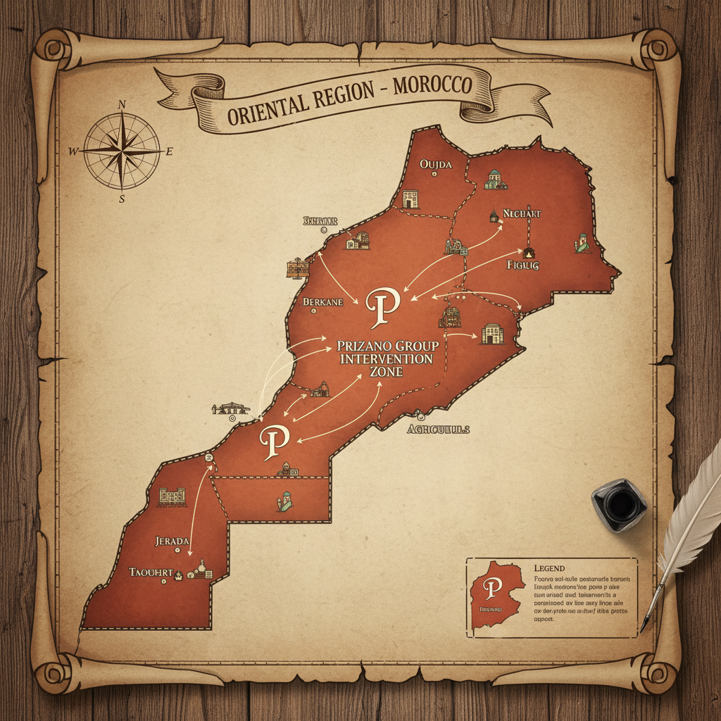 Carte de la région de l'Oriental au Maroc montrant les zones d'intervention de Prizano Groupe