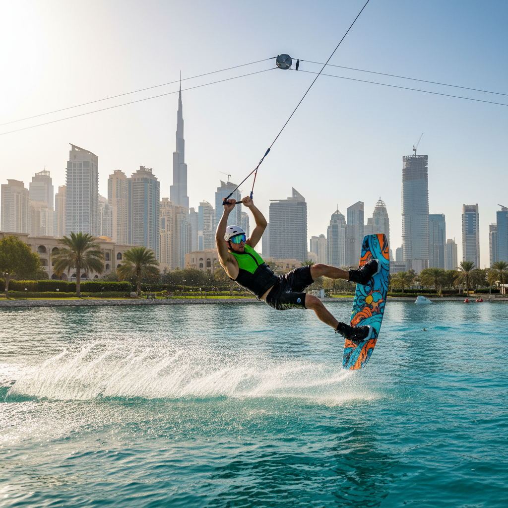 Wakeboarder performing jump at cable park with Dubai skyline in background