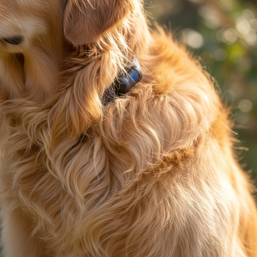 Golden retriever fur close-up with morning light catching individual strands, Track collar sensor nestled in coat