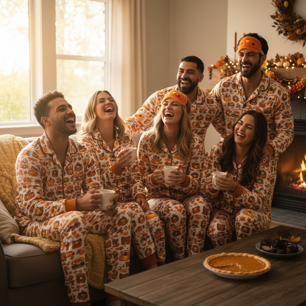 Friend group in matching Thanksgiving pajama sets