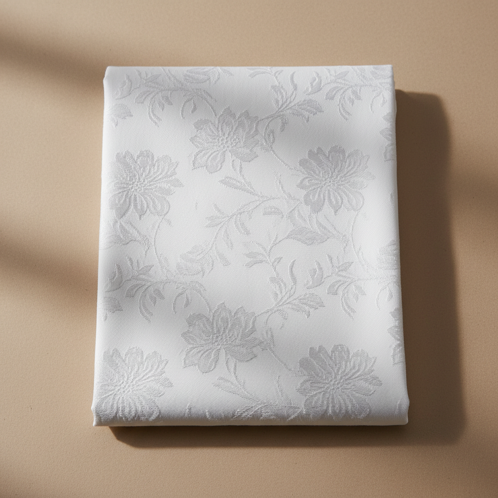 White jacquard shirting fabric with subtle woven floral pattern in an elegant professional studio setting
