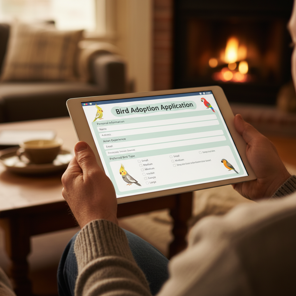 Hands holding a tablet showing a bird adoption form in warm indoor lighting