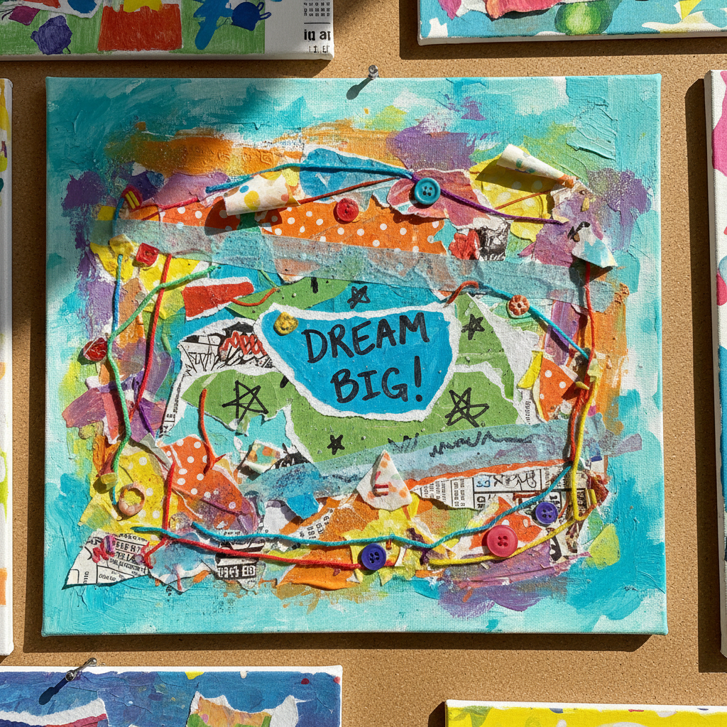 Mixed media collage artwork with layered textures and vibrant torn paper by tween student
