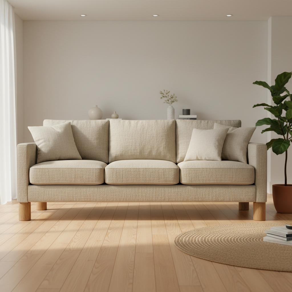 Three-seater natural linen sofa with clean lines and low profile on a white studio floor