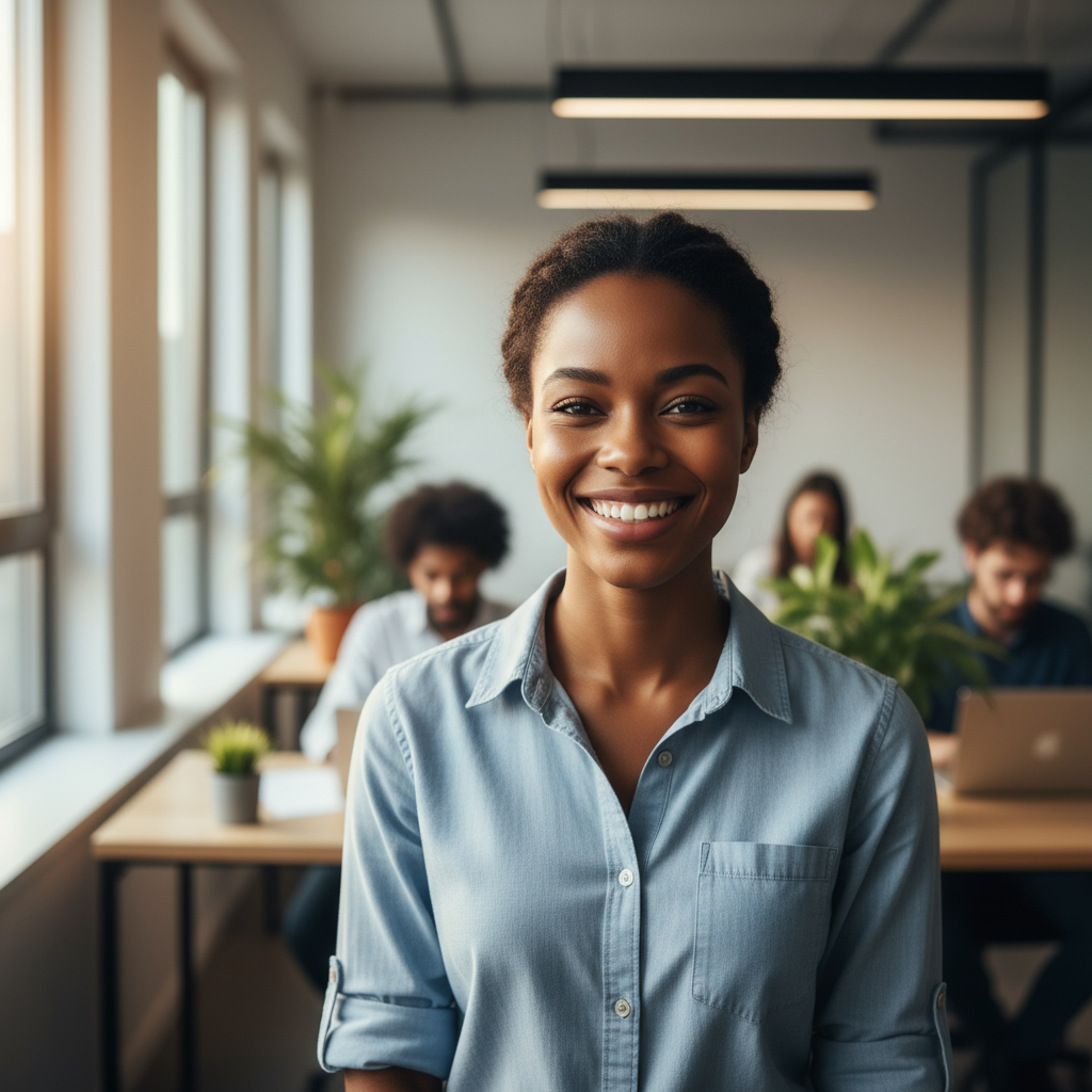South African professional woman smiling confidently, bright office background, warm lighting