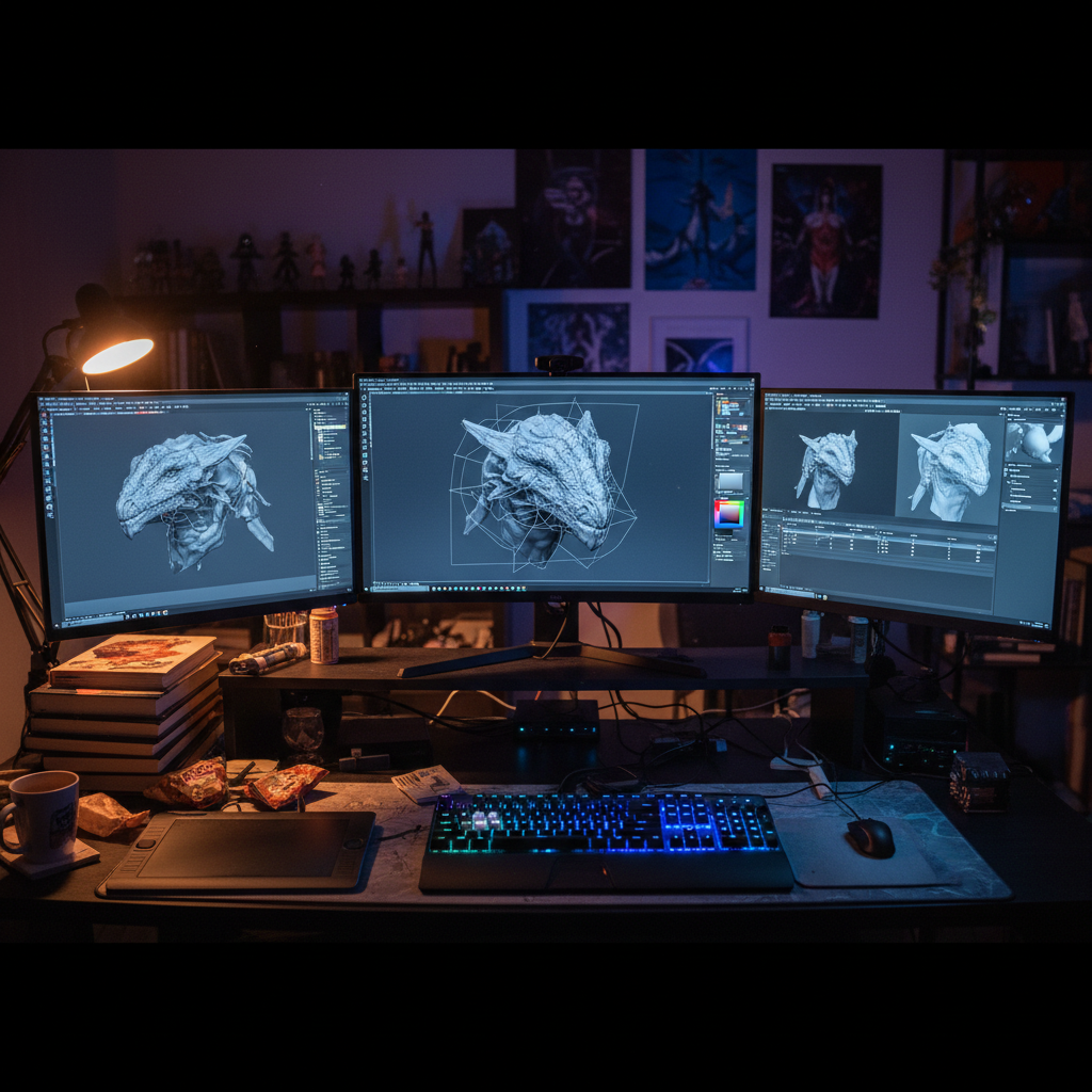 Digital artist workstation with multiple monitors showing 3D sculpt in progress