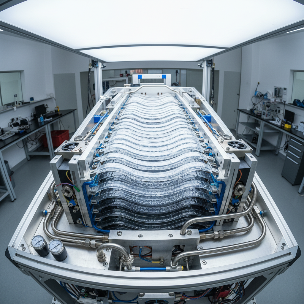 Hydrogen fuel cell stack assembly with visible membrane layers and cooling systems in aerospace engineering facility