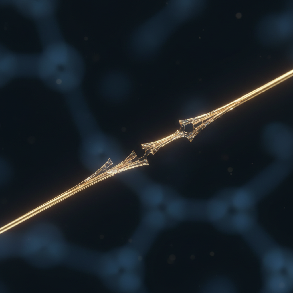 Thin gold wire stretched showing extreme ductility of gold metal, microscopic view