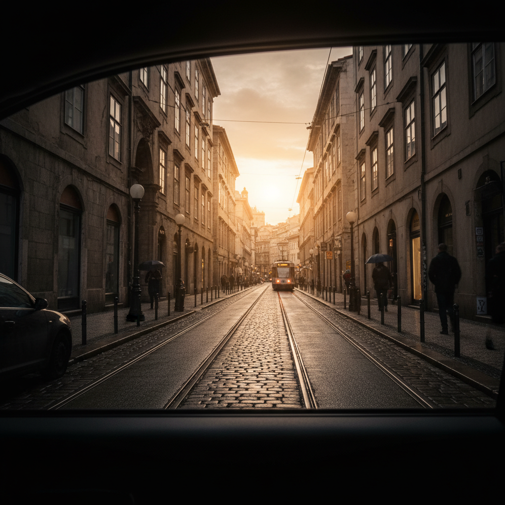 Street scene viewed through 20% VLT tint — noticeably darker, strong privacy, warm filtered light