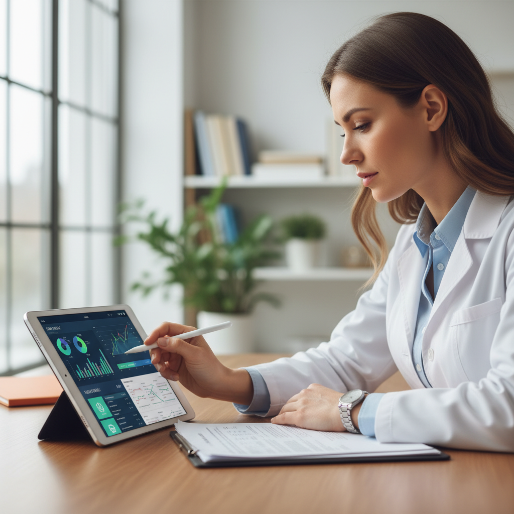 Nutritionist reviewing product labels with a tablet in a professional setting