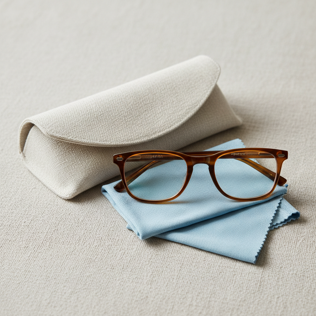 Amalfi eyewear bundle: acetate frames, linen case, and cleaning cloths arranged on natural linen