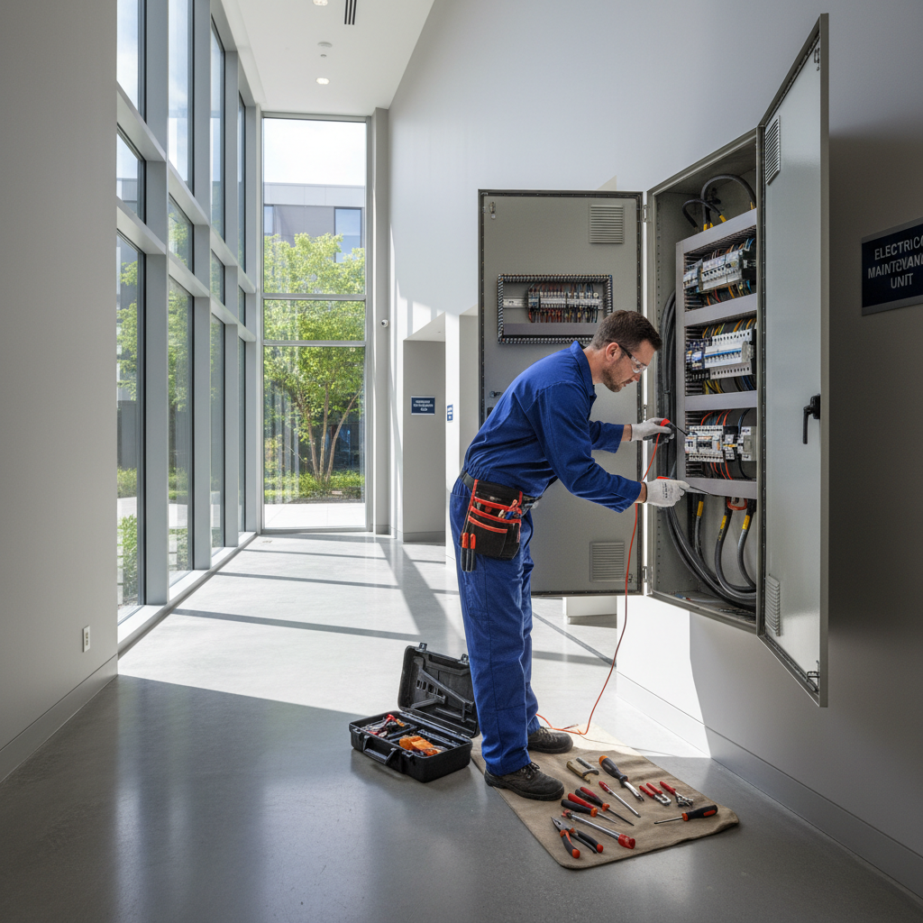 Maintenance technician working on property repair, professional tools, bright workspace