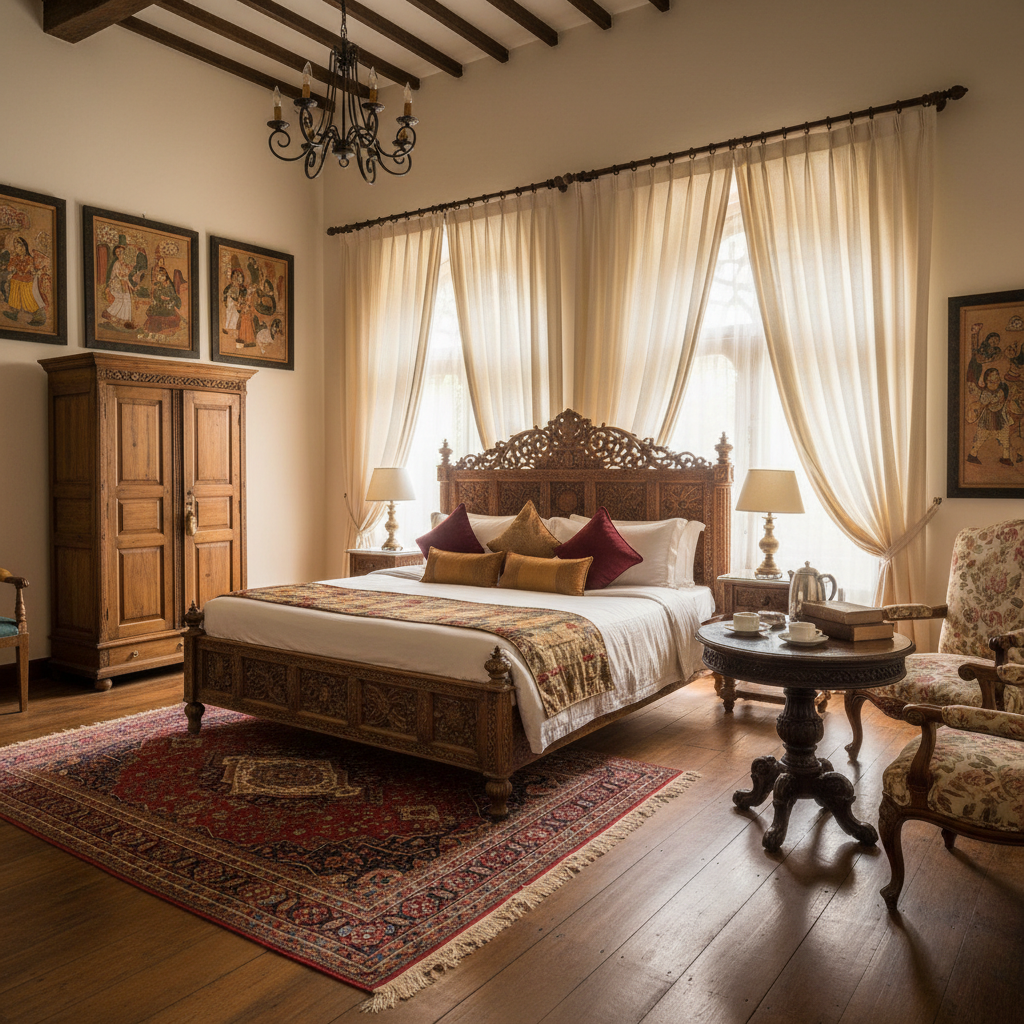 Luxurious heritage hotel suite with a four-poster bed, ornate carved wooden furniture, and a private terrace at sunset