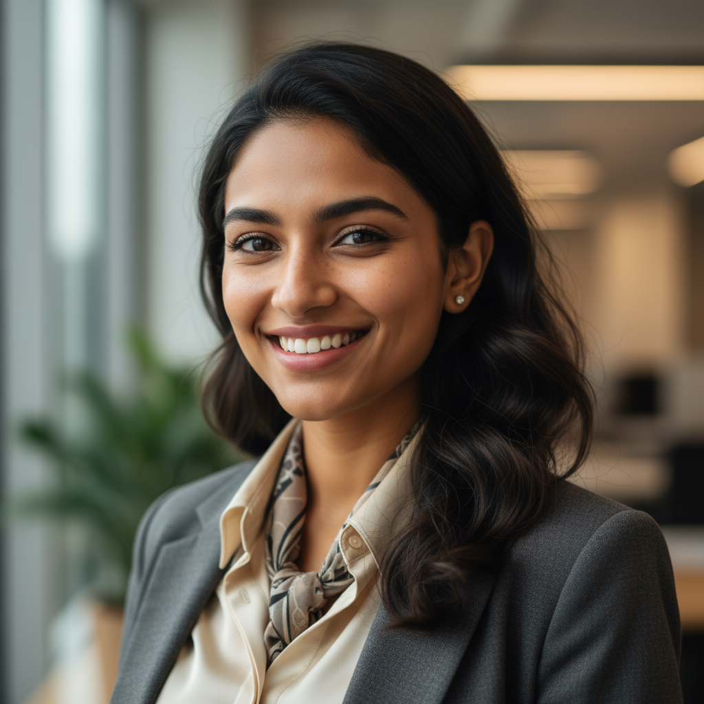 Priya Sharma, young South Asian woman with warm smile, professional headshot
