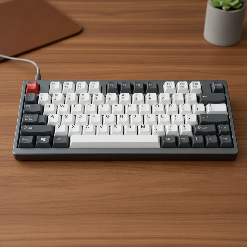 Tactile 75 TKL keyboard with grey and white keycaps, aluminum case on wooden desk
