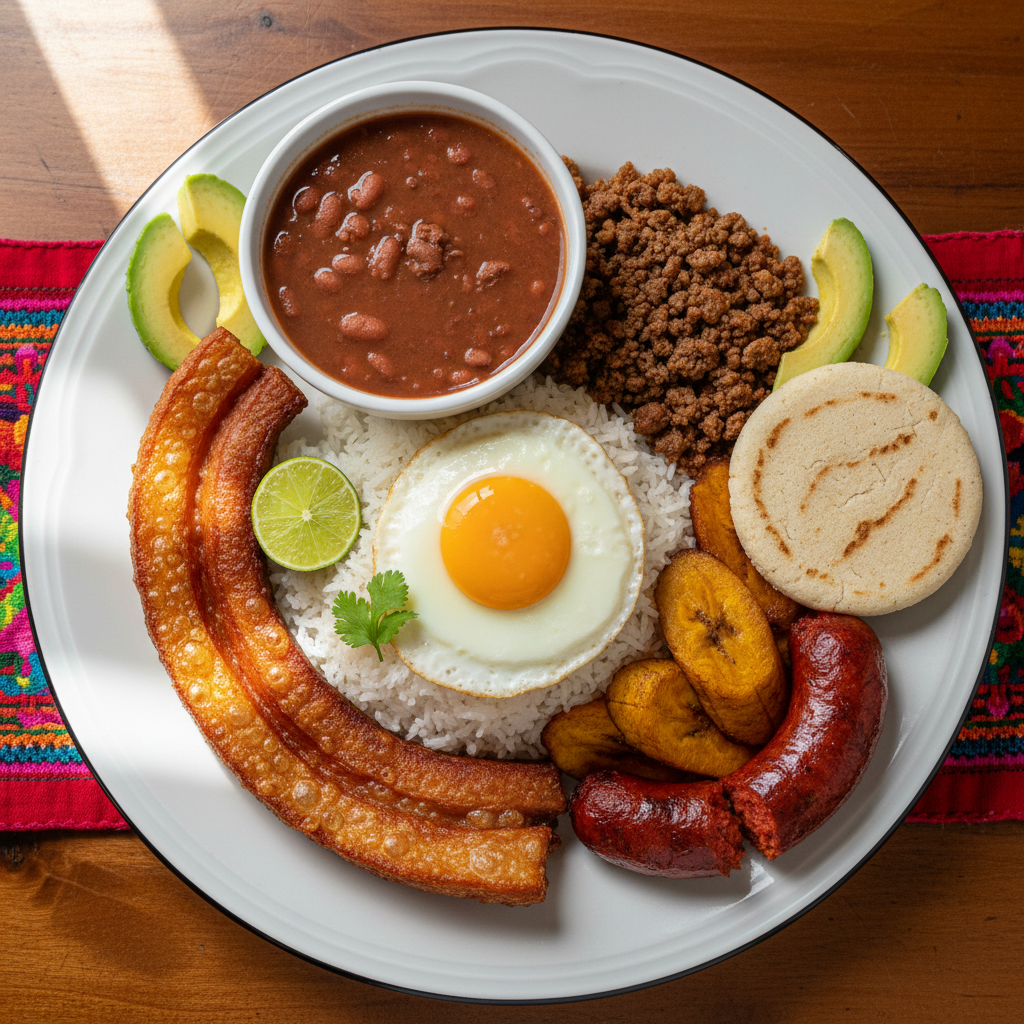 Bandeja paisa completa con todos sus acompañamientos en plato grande