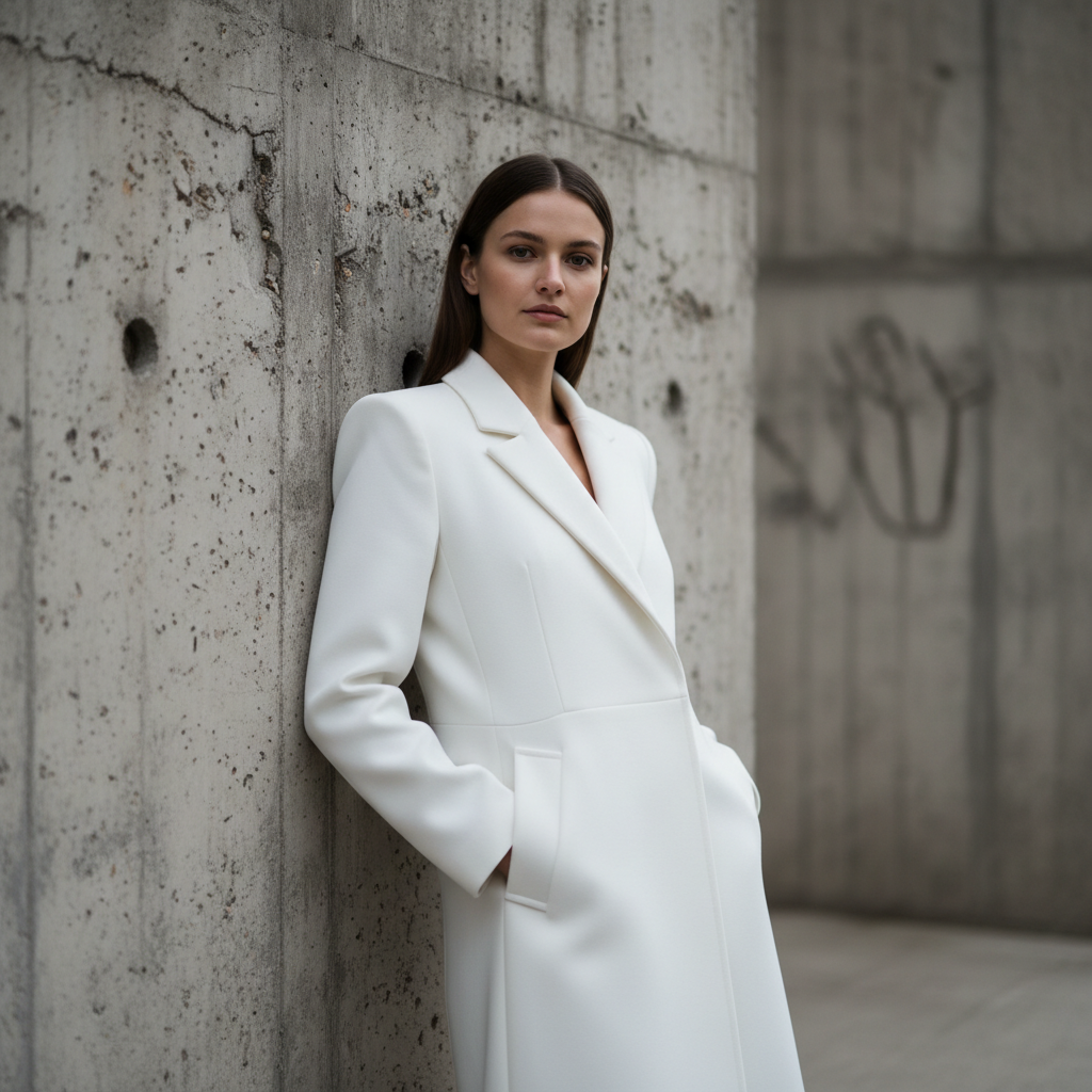 Women fashion editorial — model in elegant minimalist white dress against bright white architectural wall, natural sunlight, clean modern aesthetic