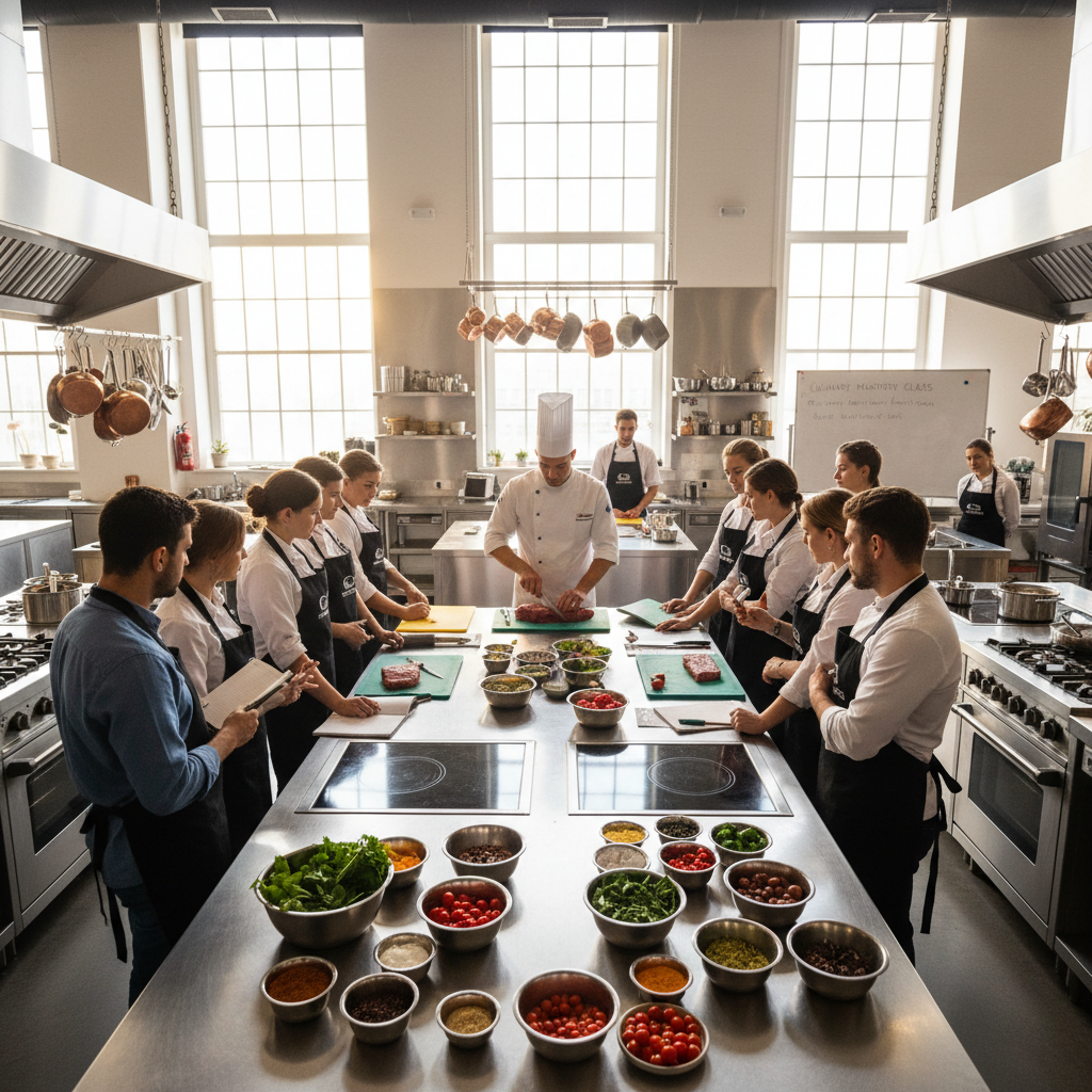 Chef teaching live cooking class in a warm professional kitchen