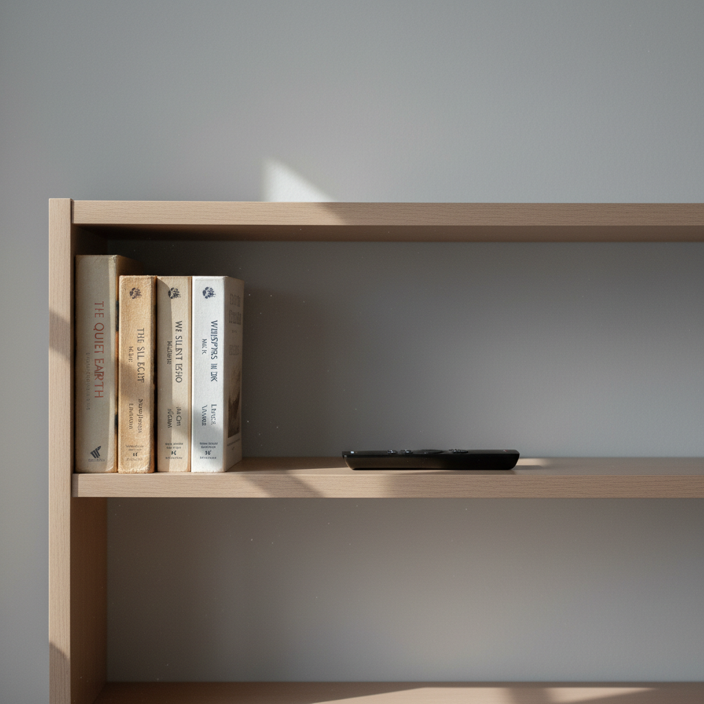 A sparse bookshelf with only three paperbacks and a streaming remote