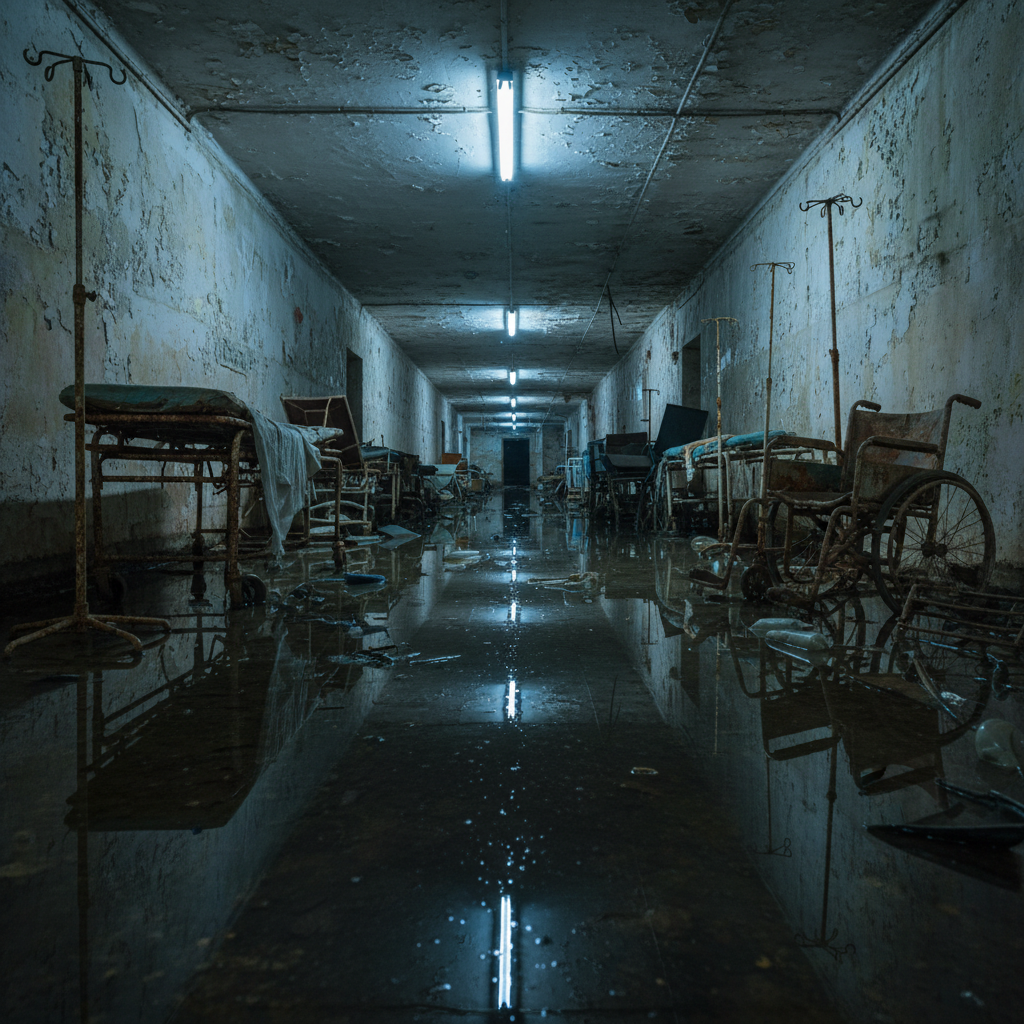 Water-damaged flooded basement with standing water, dark atmospheric lighting, moody shadows, deep blue tones