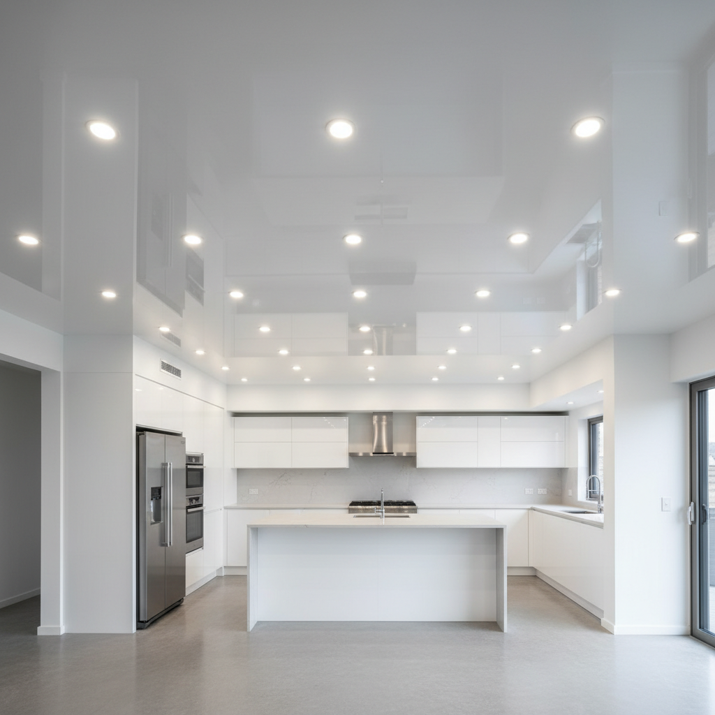Modern apartment kitchen with clean recessed lighting, bright and well-lit, warm interior