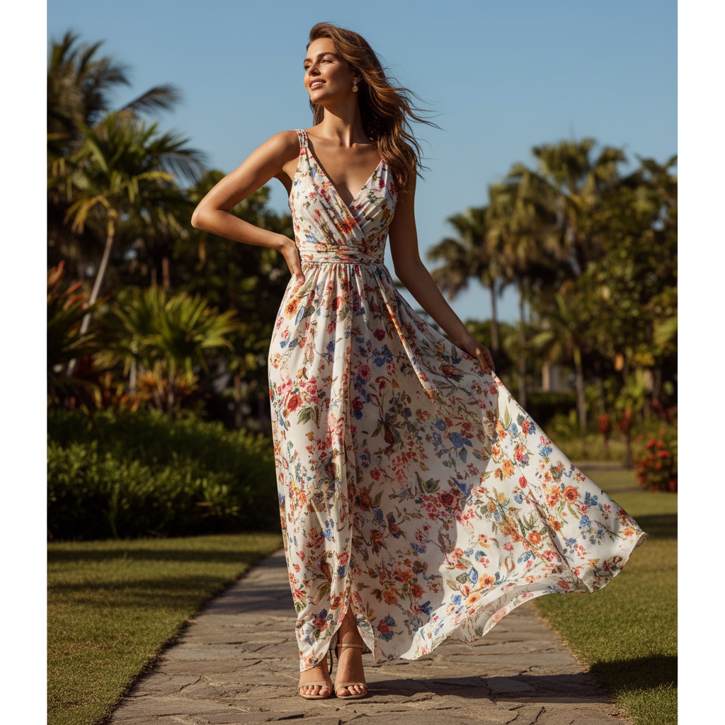 Woman in flowing floral maxi dress outdoors in warm golden afternoon light