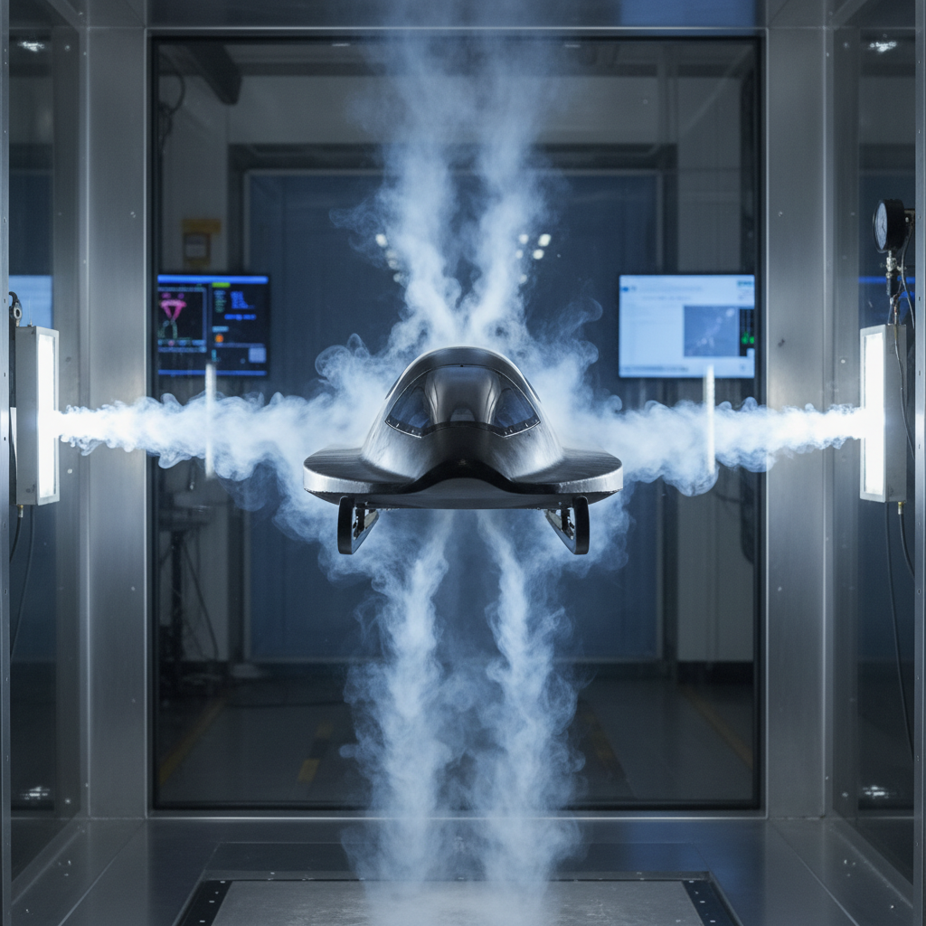 Wind tunnel smoke visualization showing airflow patterns around sled shell model