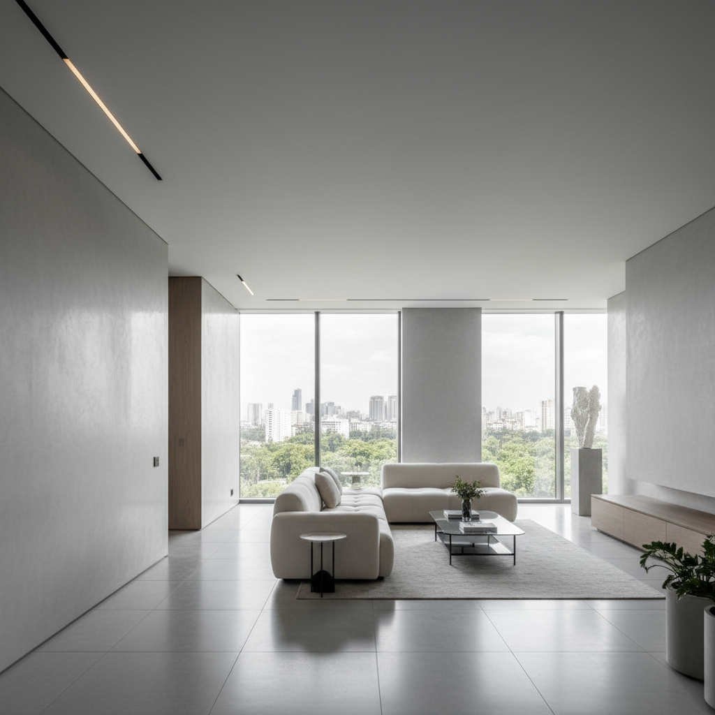 Completed luxury home interior remodel, bright airy open plan, warm natural light, premium finishes, modern kitchen visible