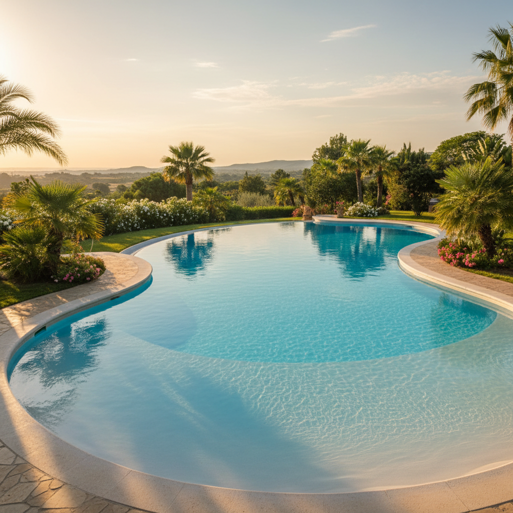 Piscine coque fond incliné Elegance XL, entrée progressive, eau bleue, jardin paysagé, lumière dorée