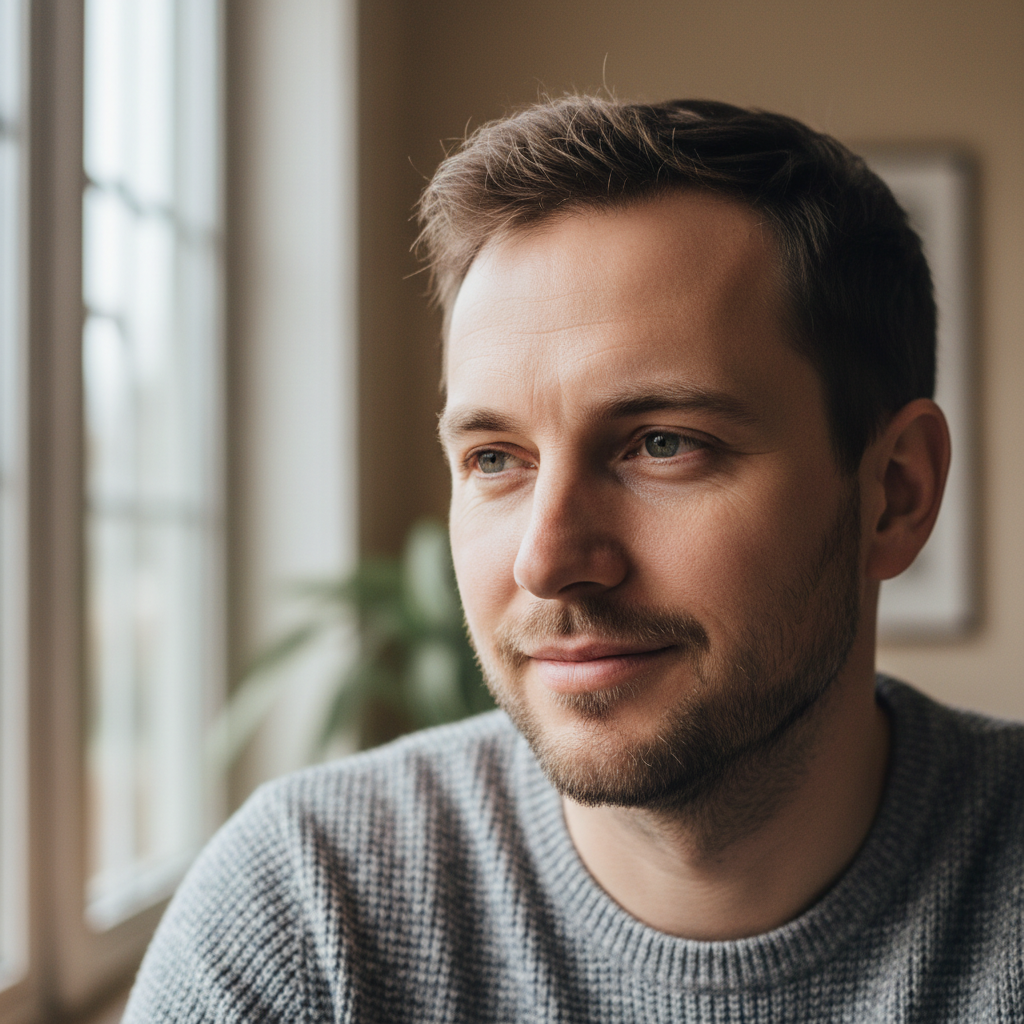 Man looking thoughtfully out a window, calm and reflective