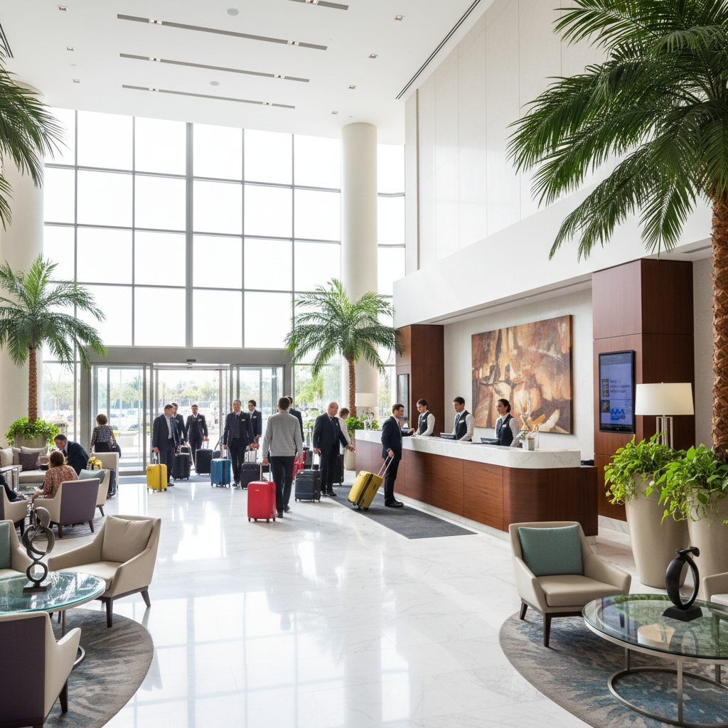 Hotel lobby with check-in desk and guests arriving with luggage