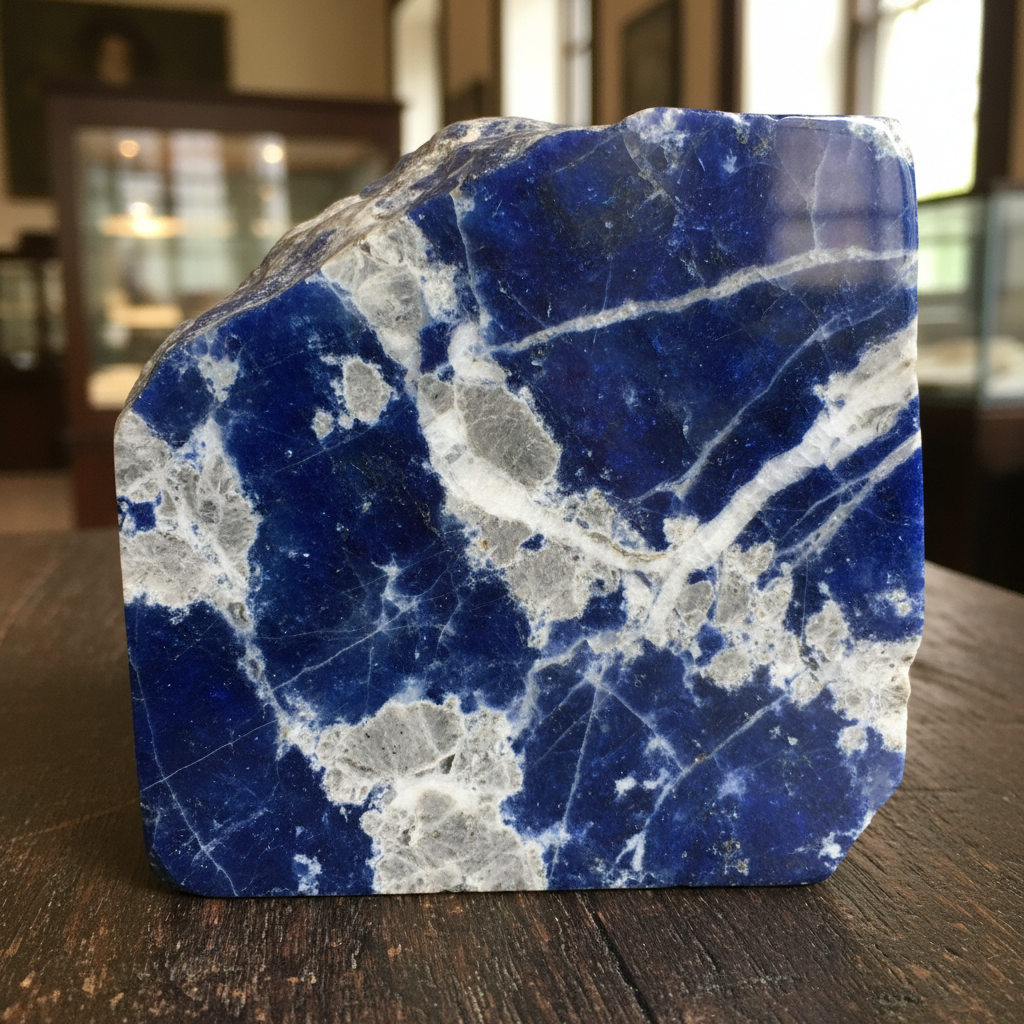 Blue Bahia rare granite specimen showing vibrant blue sodalite with white and gray mineral patterns