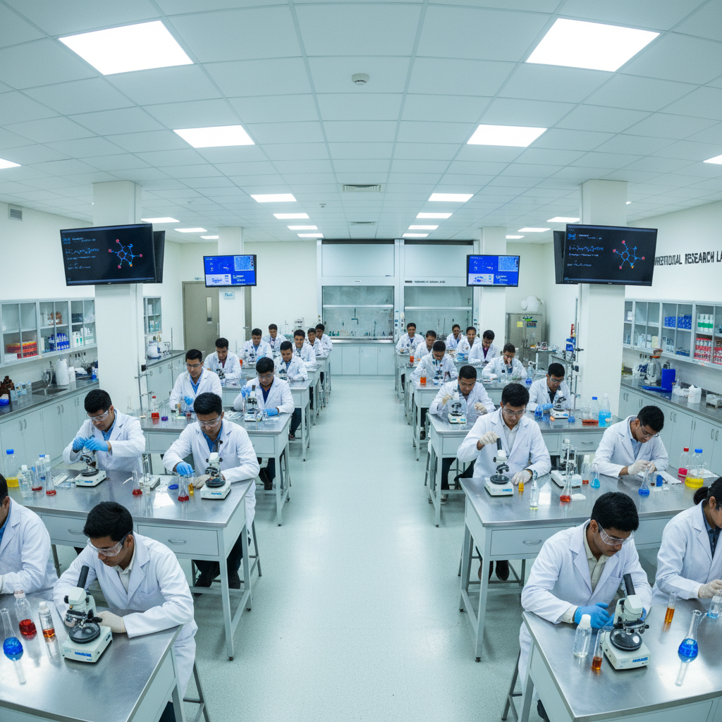 Pharmacy laboratory with modern equipment, students conducting experiments under faculty supervision