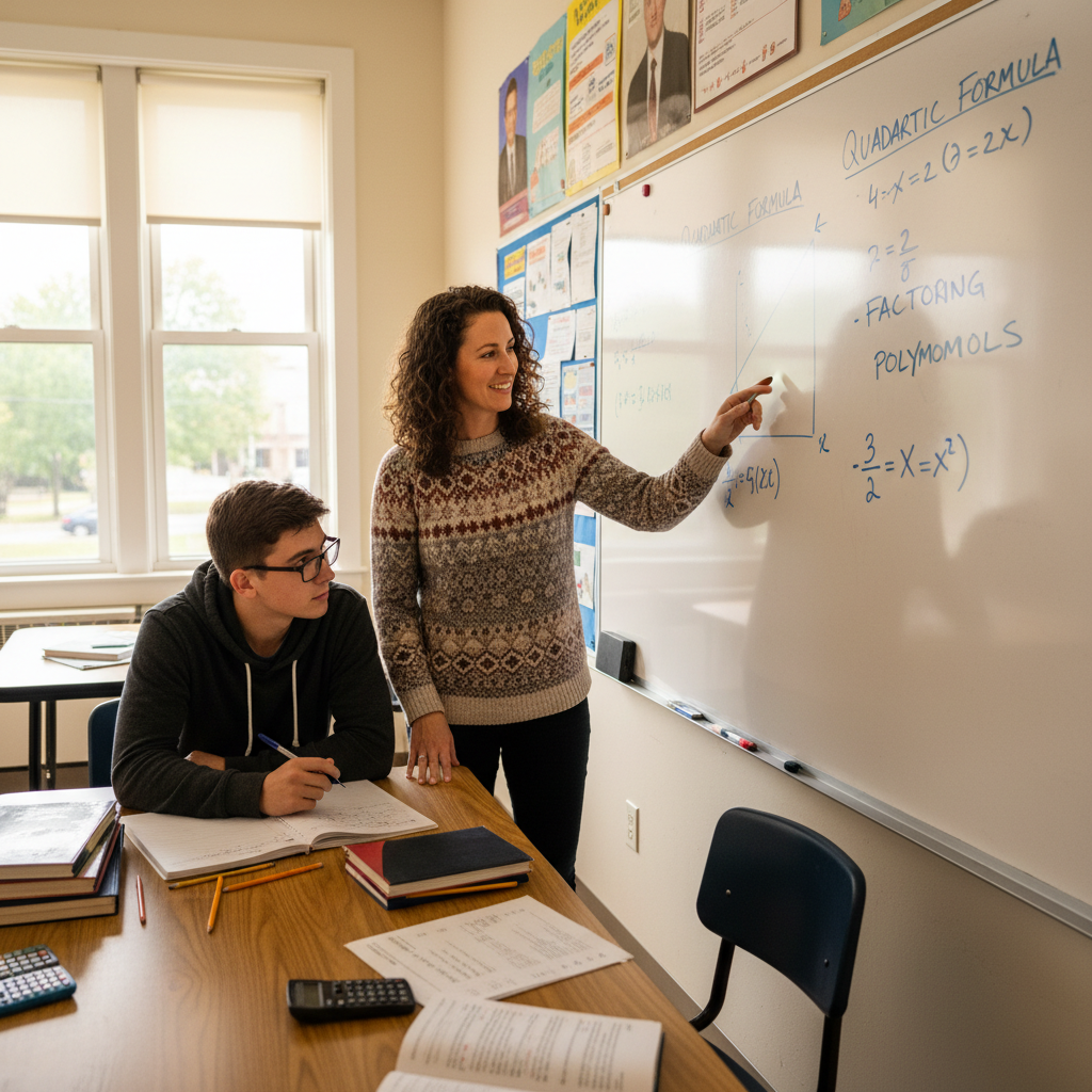 Close-up of mathematical equations on a whiteboard, clean and bright classroom, focused tutoring session