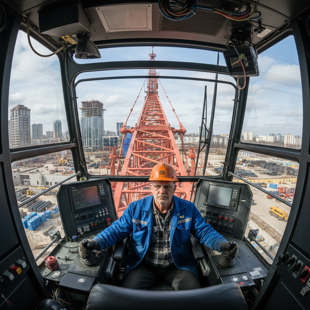 Heavy construction equipment operator inside crane cab overlooking industrial worksite